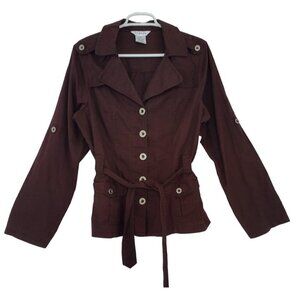 George women's dark brown linen and cotton belted button-down jacket, size 16.